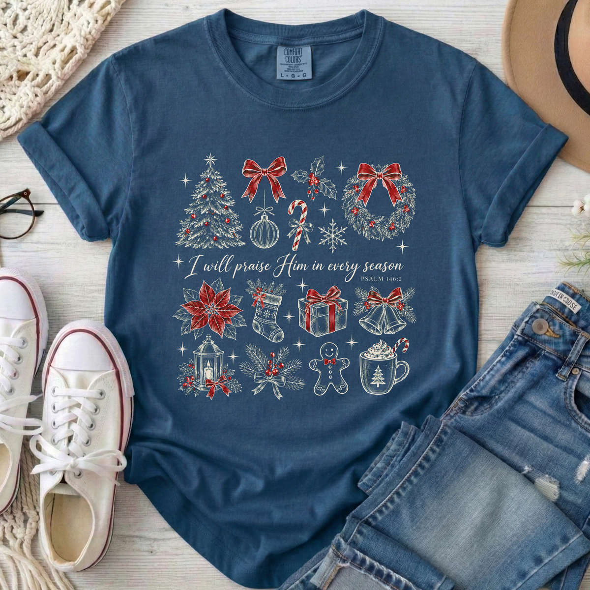 I Will Praise Him in Every Season Christmas Christian Comfort Colors T-Shirt in Midnight
