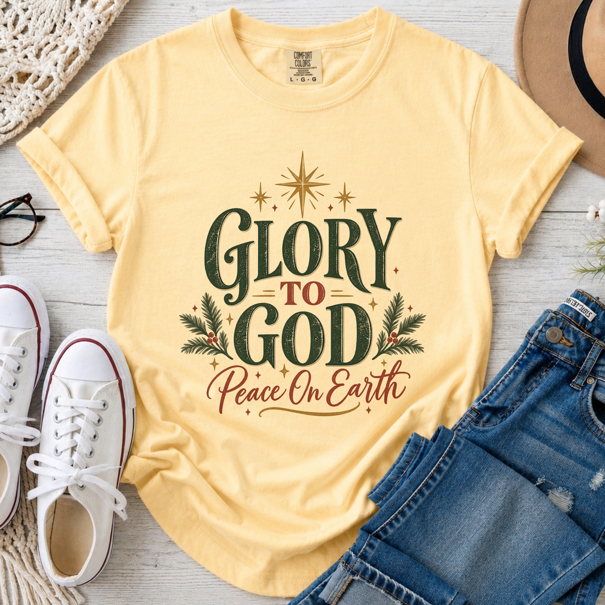 Glory to God Peace on Earth Christian Christmas Comfort Colors T-Shirt in Butter