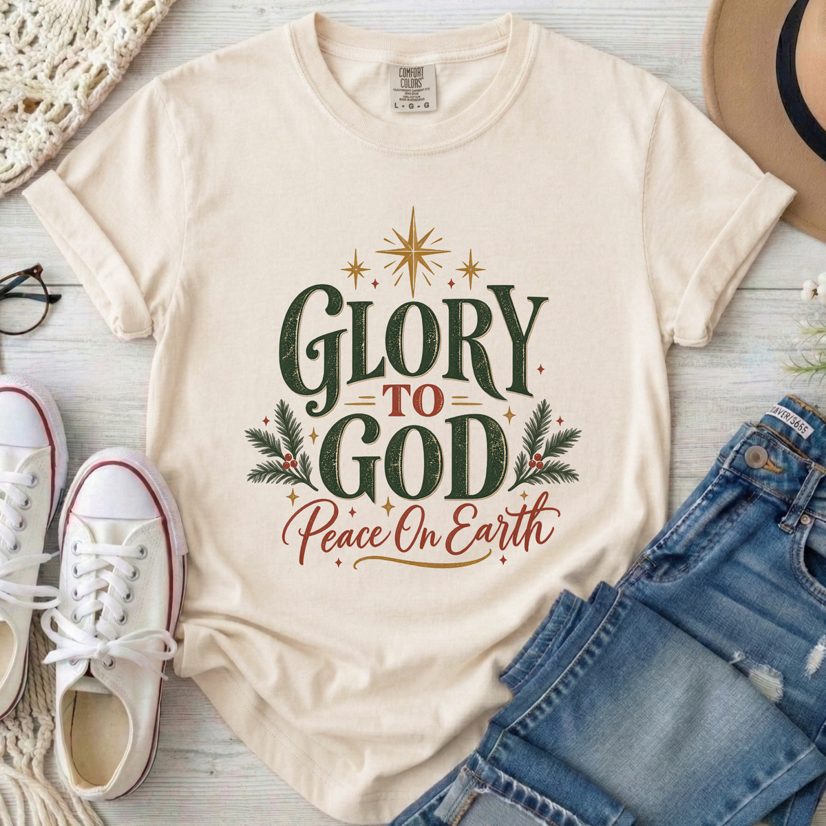 Glory to God Peace on Earth Christian Christmas Comfort Colors T-Shirt in Ivory