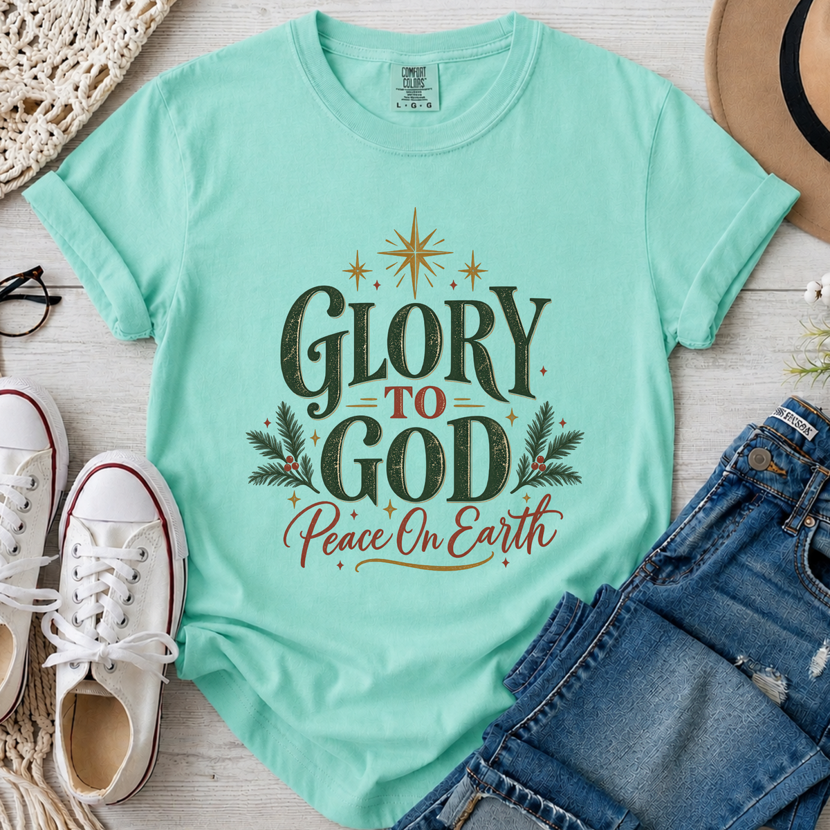 Glory to God Peace on Earth Christian Christmas Comfort Colors T-Shirt in Island Reef