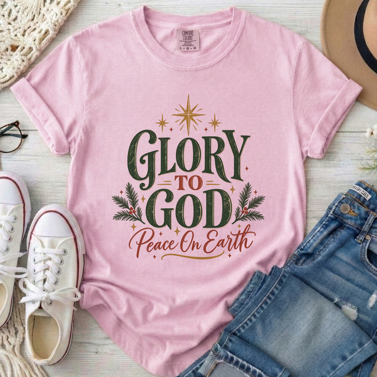 Glory to God Peace on Earth Christian Christmas Comfort Colors T-Shirt in Blossom