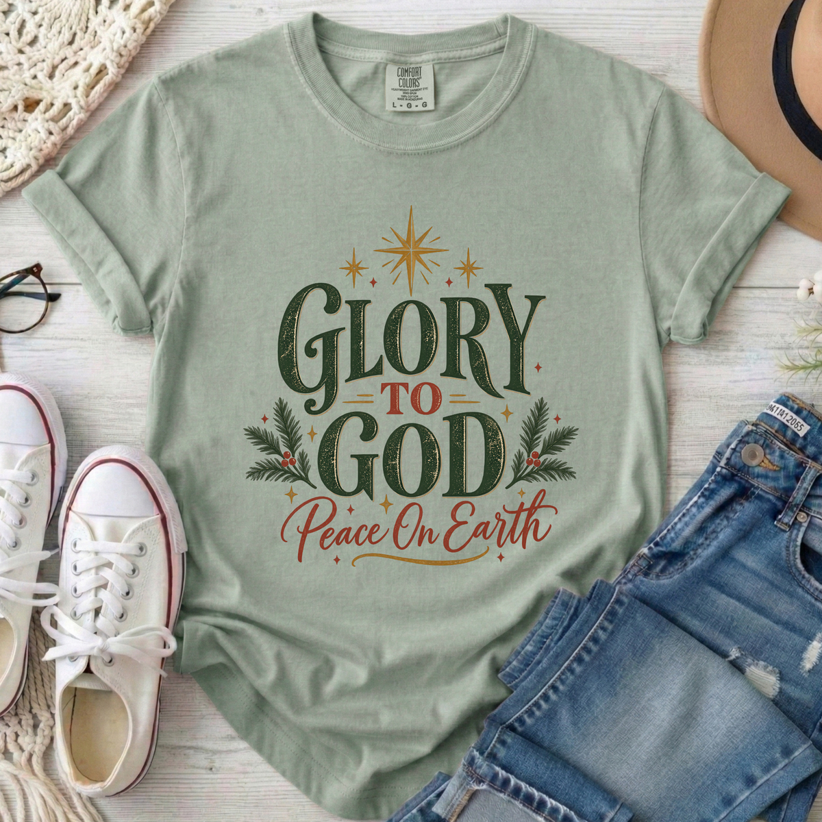Glory to God Peace on Earth Christian Christmas Comfort Colors T-Shirt in Bay