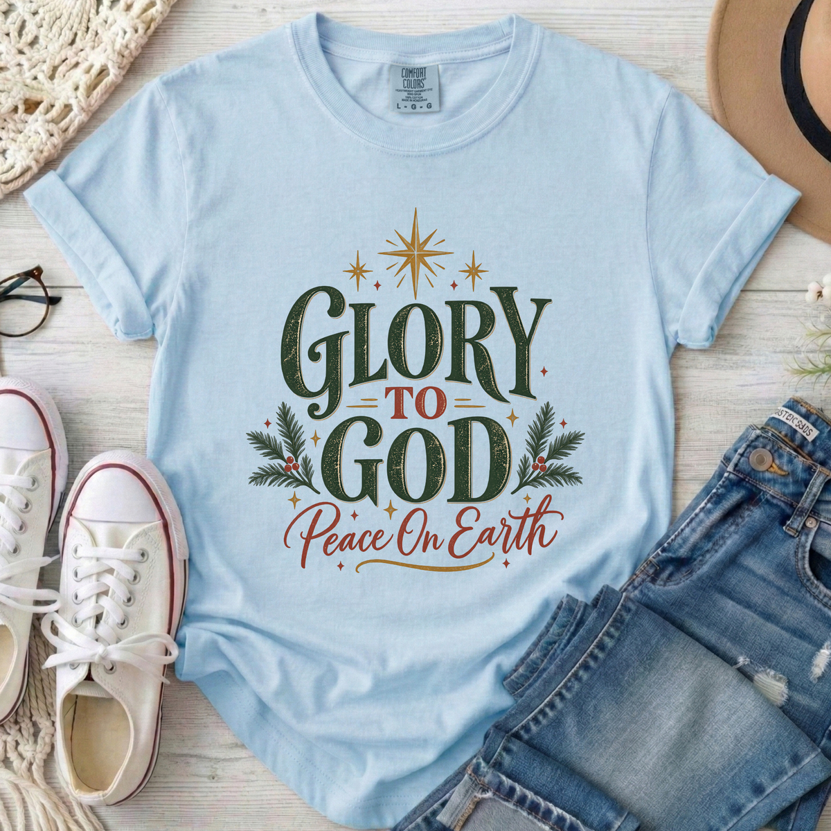 Glory to God Peace on Earth Christian Christmas Comfort Colors T-Shirt in Chambray