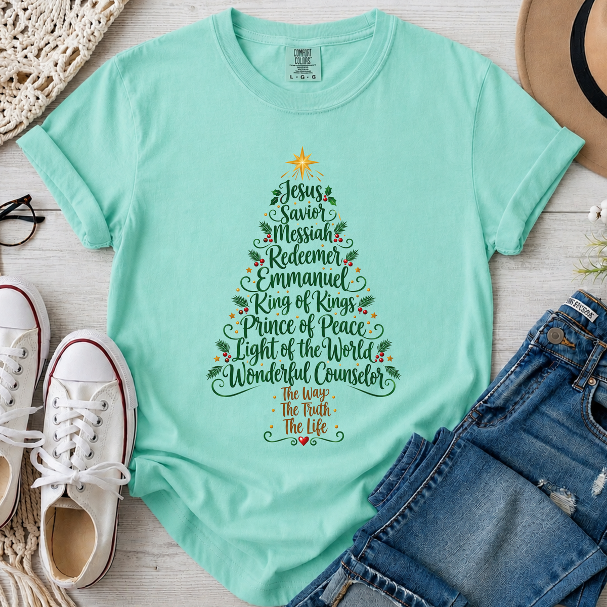 Christmas Tree Christian Comfort Colors T-Shirt in Island Reef