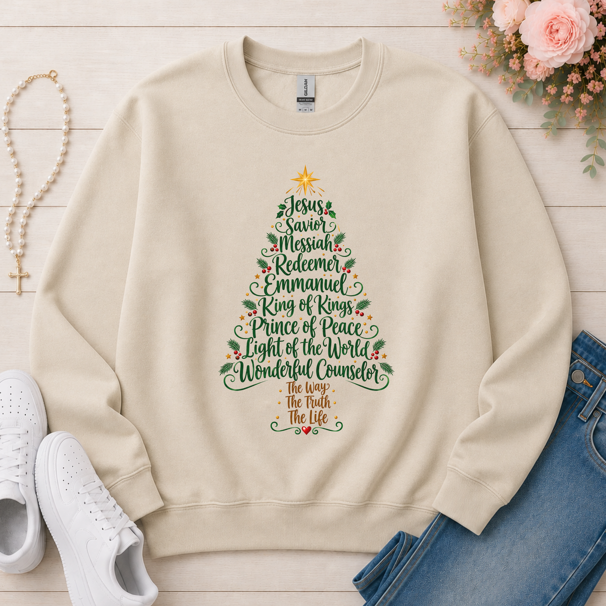 Christmas Tree Christian Crewneck Sweatshirt in Sand