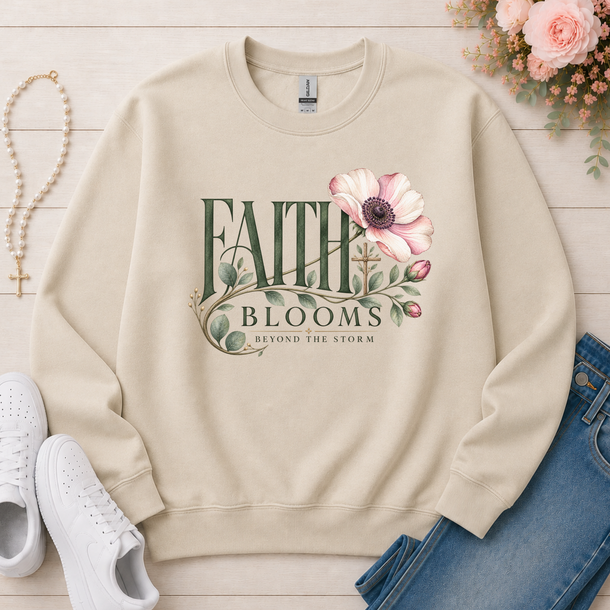Faith Blooms Beyond the Storm Christian Crewneck Sweatshirt in Sand