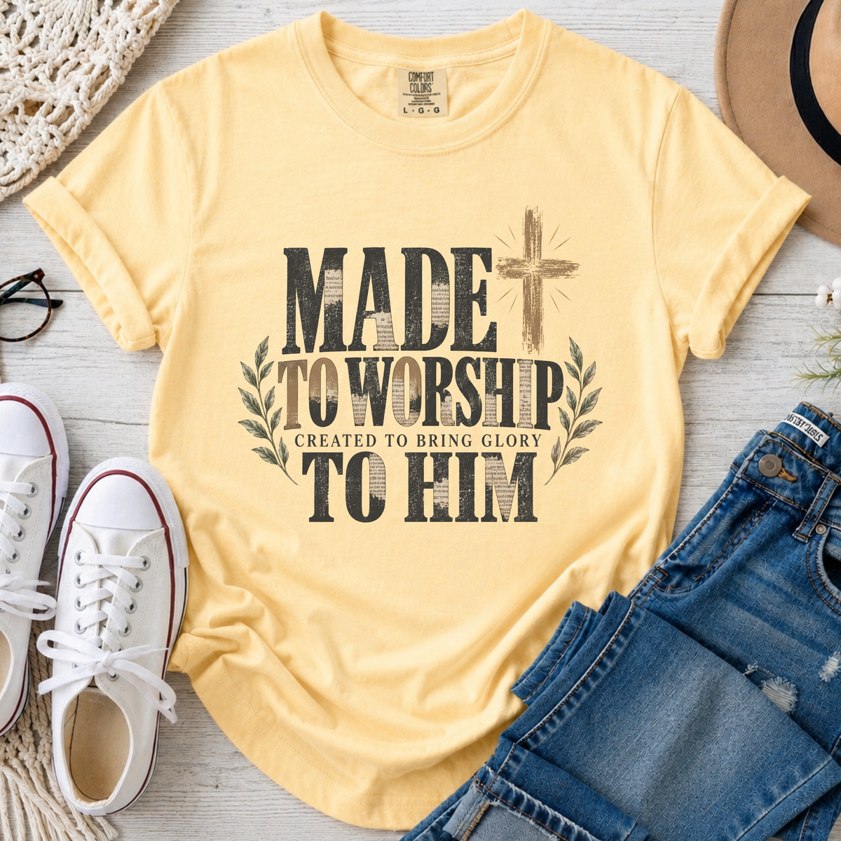 Made to Worship Christian Comfort Colors T-Shirt in Butter