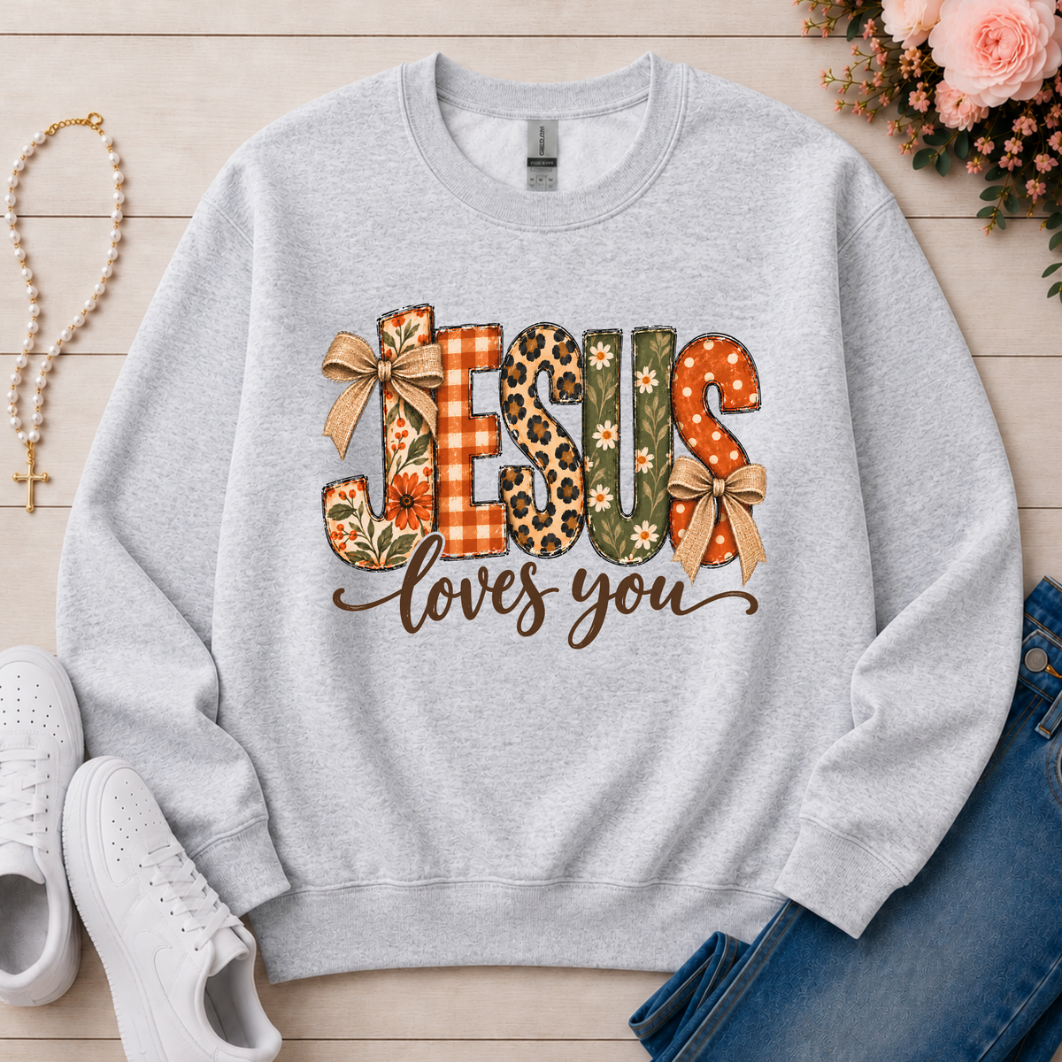 Jesus Loves You Christian Crewneck Sweatshirt in Ash