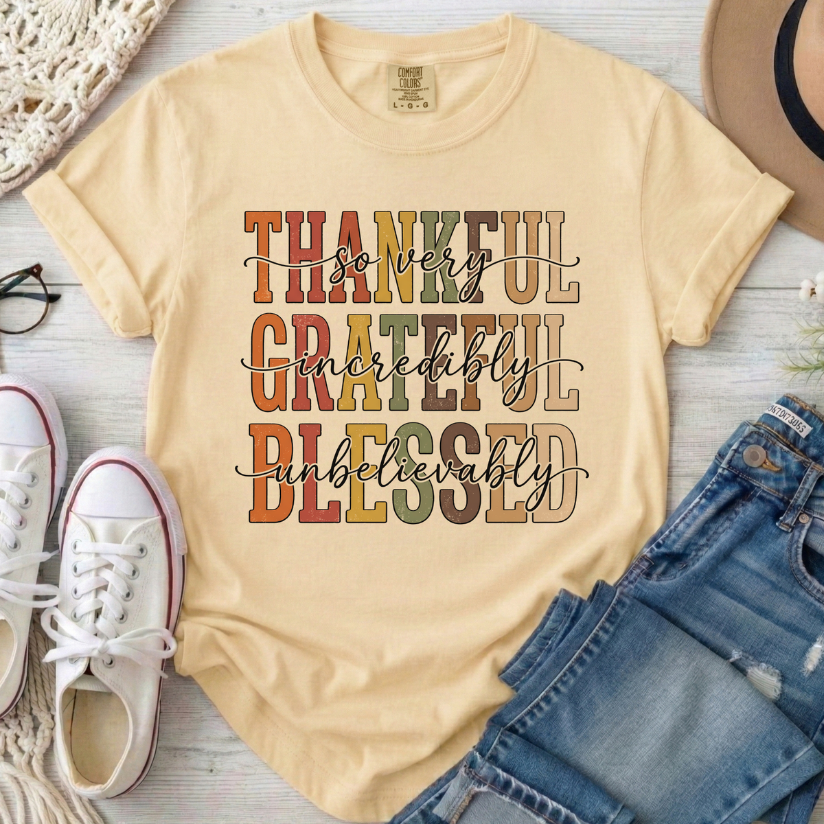 Thankful Grateful Blessed Christian Comfort Colors T-Shirt in Banana