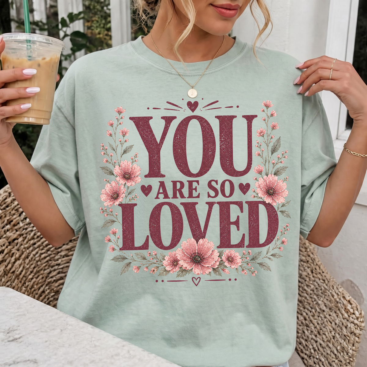 Woman wearing You Are So Loved Christian Comfort Colors T-Shirt in Bay