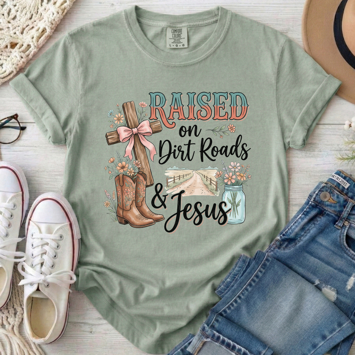 Raised on Dirt Roads & Jesus Christian Comfort Colors T-Shirt in Bay