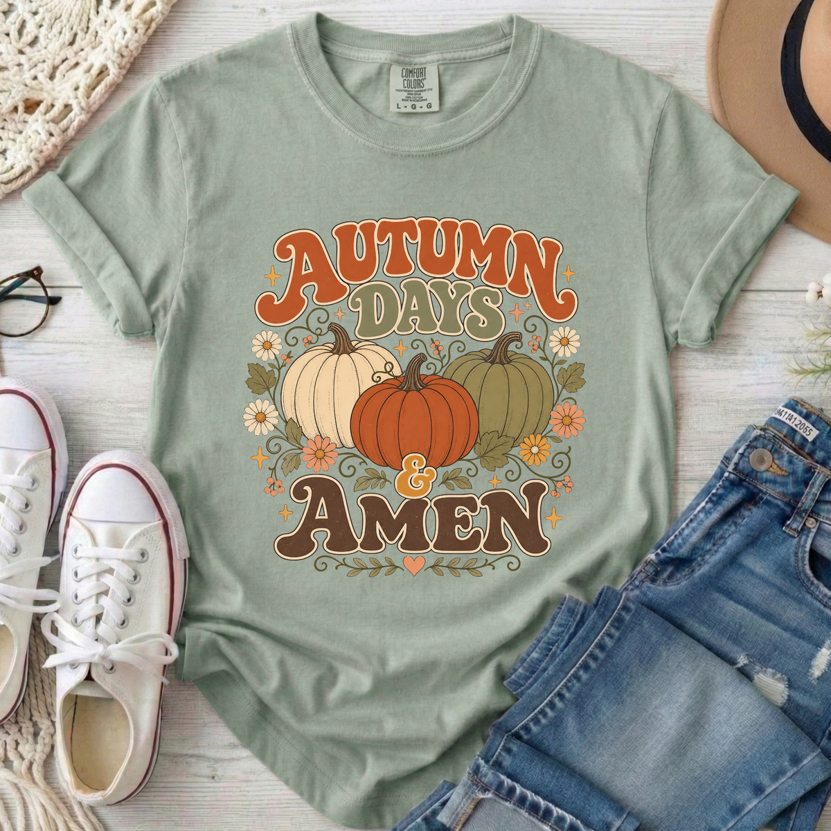Autumn Days & Amen Christian Comfort Colors T-Shirt in Bay