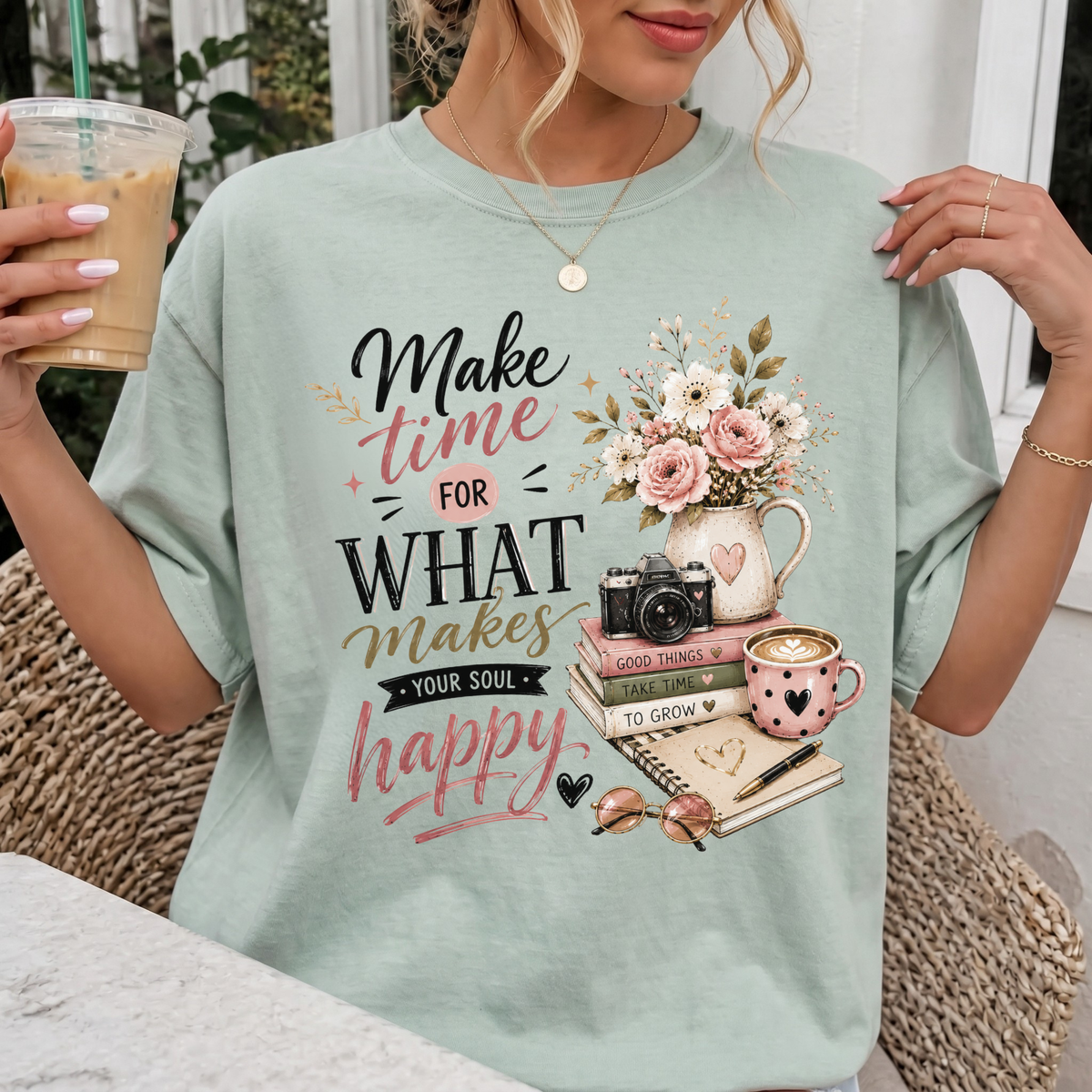 Woman wearing Make Time Christian Comfort Colors T-Shirt in Bay