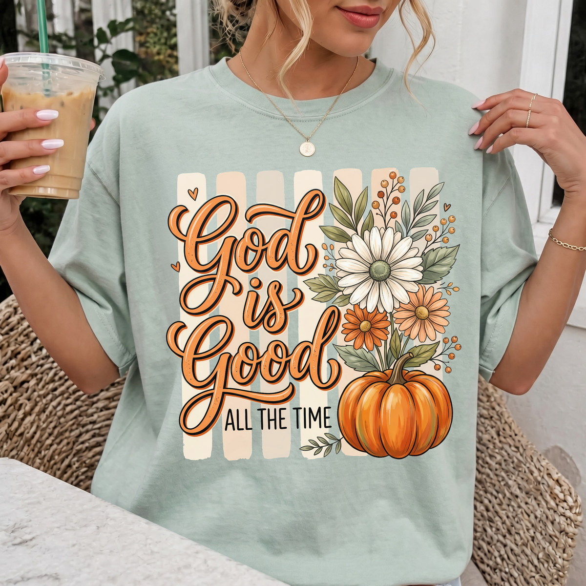 Woman wearing God Is Good All the Time Christian Comfort Colors T-Shirt in Bay