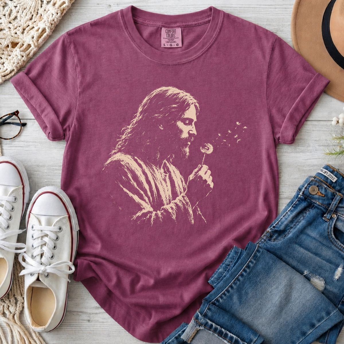 Jesus Dandelion Christian Comfort Colors T-Shirt in Berry