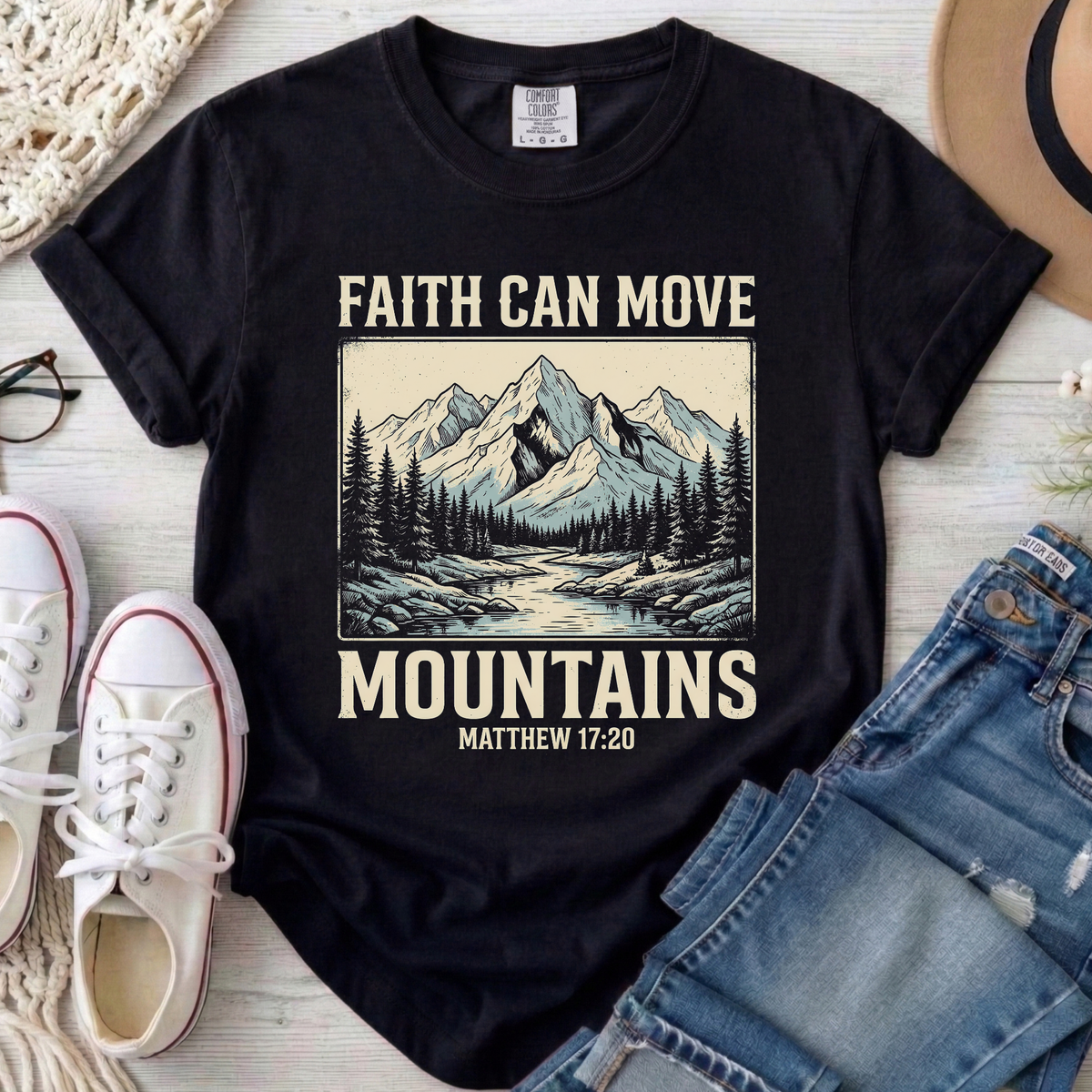 Faith Can Move Mountains Christian Comfort Colors T-Shirt in Black