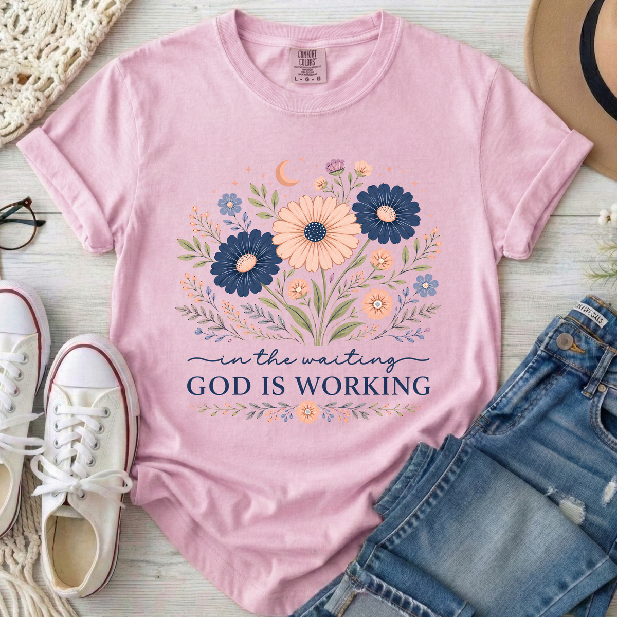 God Is Working Christian Comfort Colors T-Shirt in Blossom