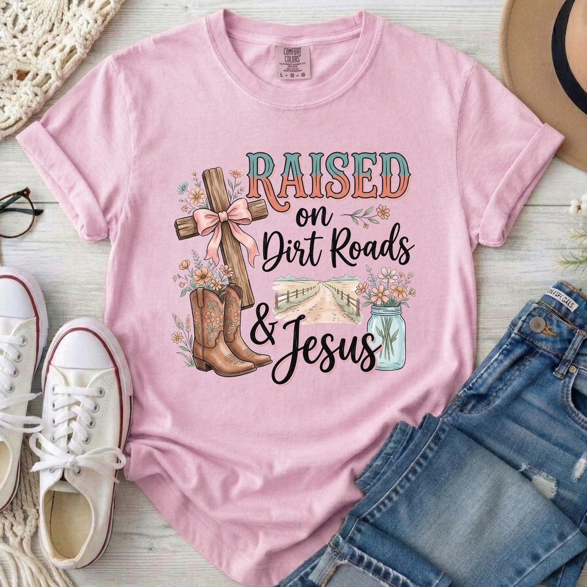 Raised on Dirt Roads & Jesus Christian Comfort Colors T-Shirt in Blossom