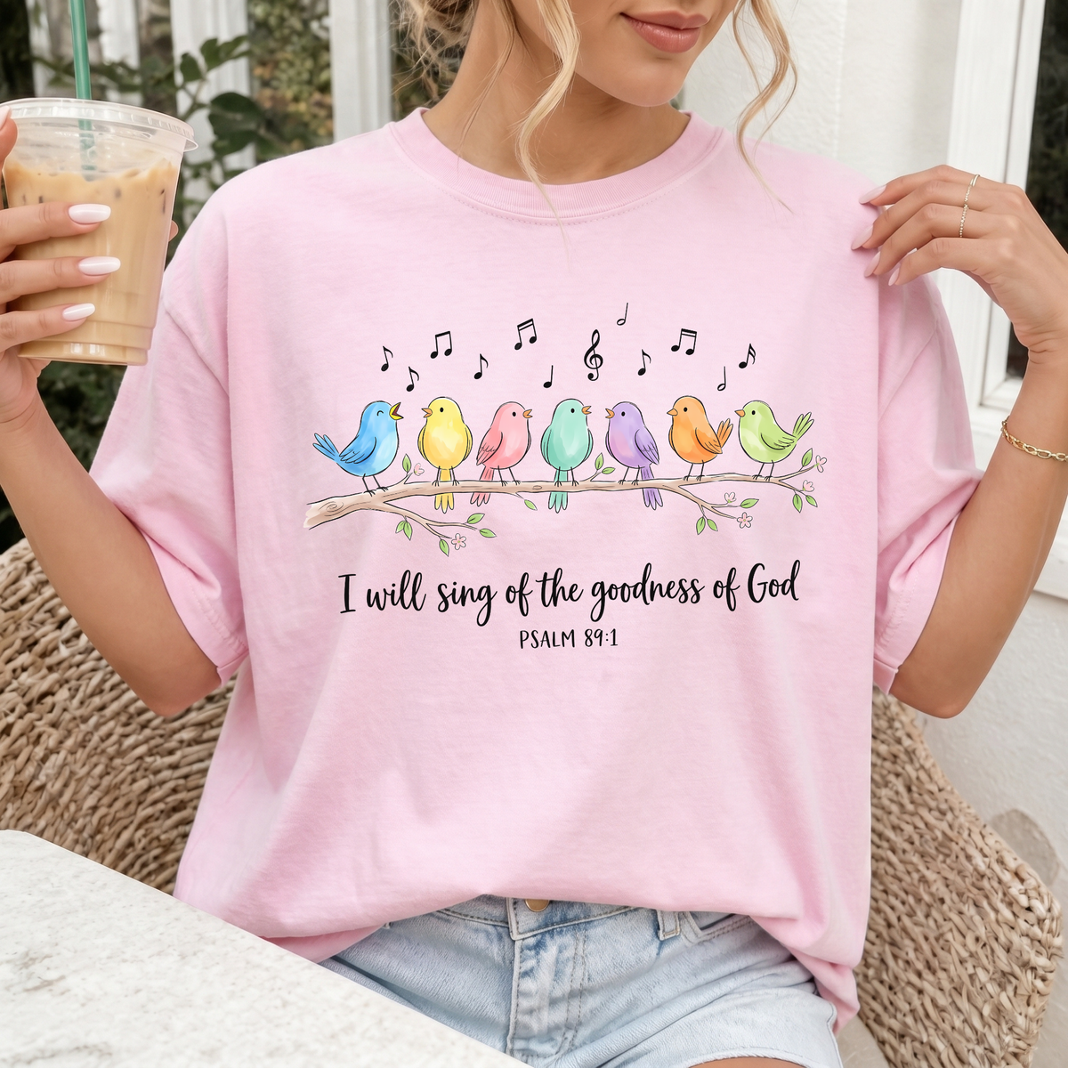 Woman wearing I Will Sing of the Goodness of God Christian Comfort Colors T-Shirt in Blossom