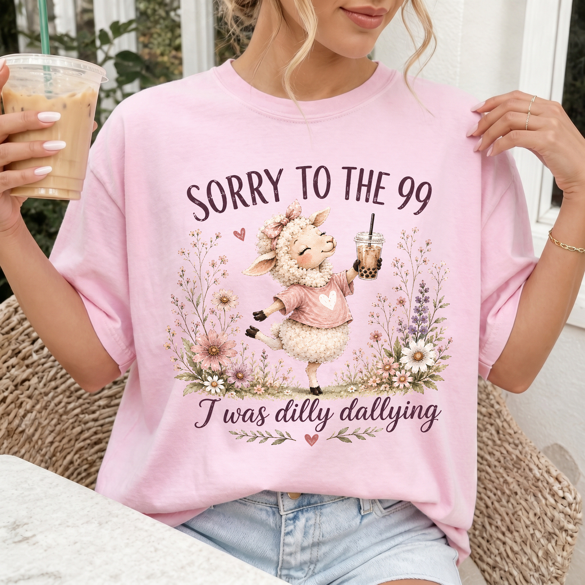 Woman wearing Sorry to the 99 Christian Comfort Colors T-Shirt in Blossom