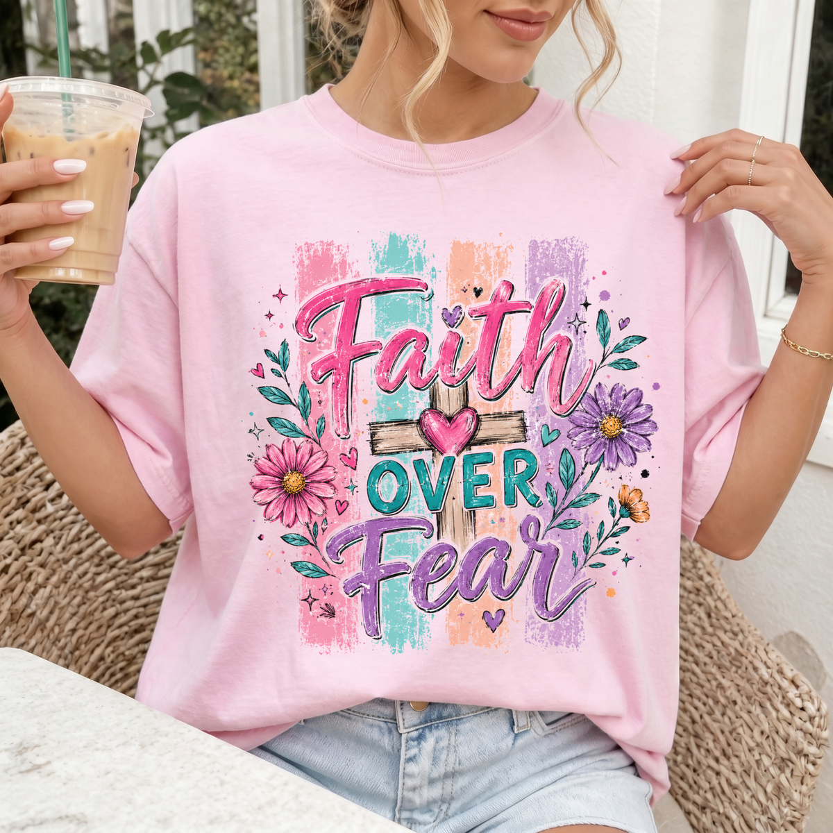Woman wearing Faith Over Fear Christian Comfort Colors T-Shirt in Blossom