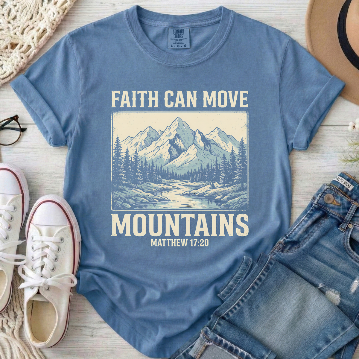 Faith Can Move Mountains Christian Comfort Colors T-Shirt in Blue Jean