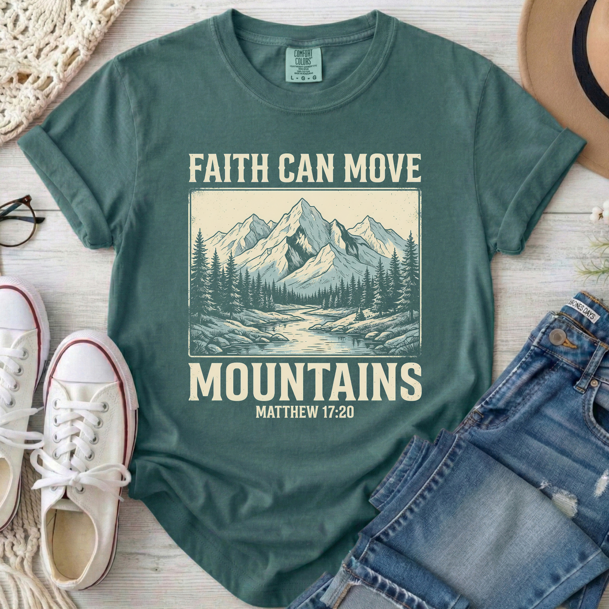 Faith Can Move Mountains Christian Comfort Colors T-Shirt in Blue Spruce