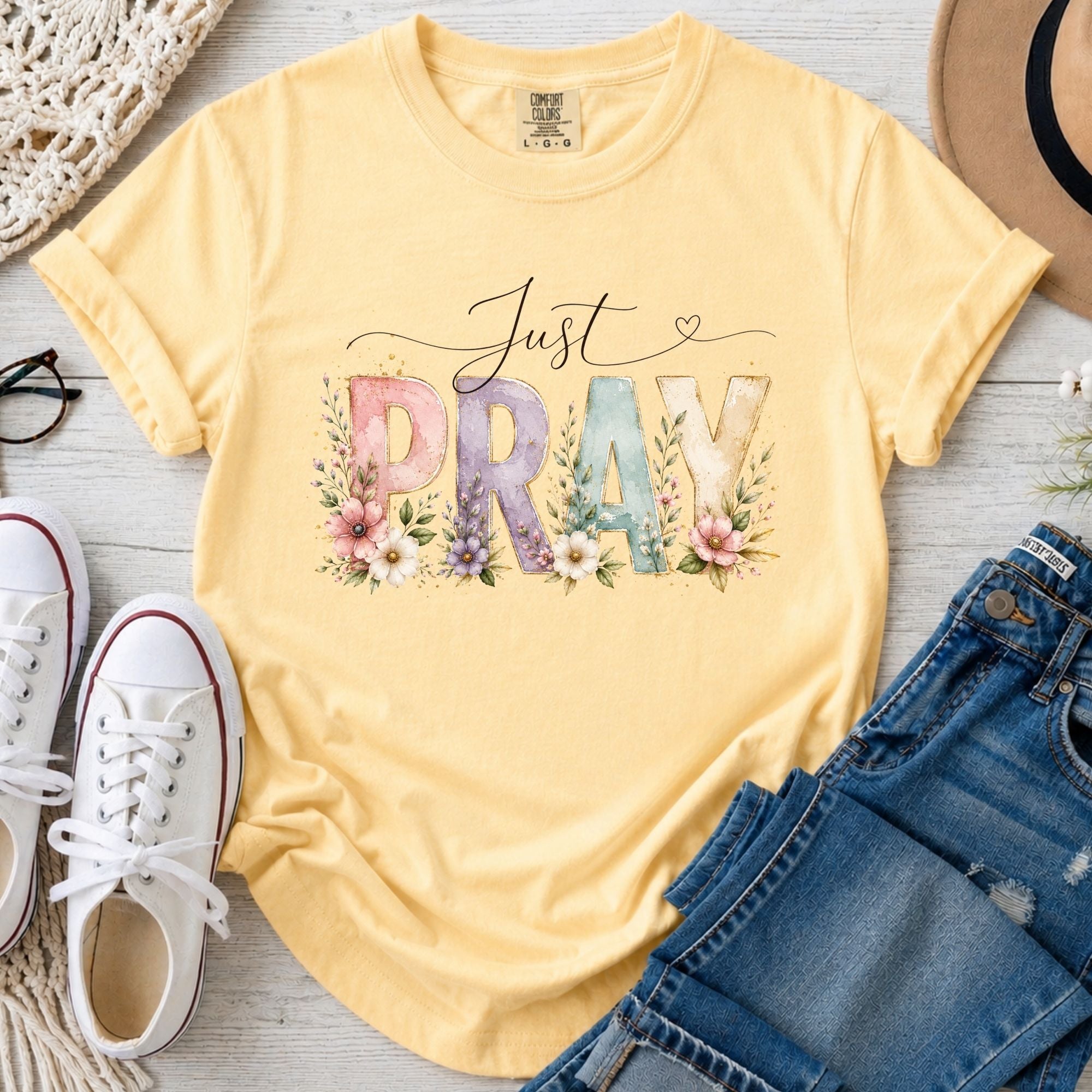 Just Pray Christian Comfort Colors T-Shirt in Butter