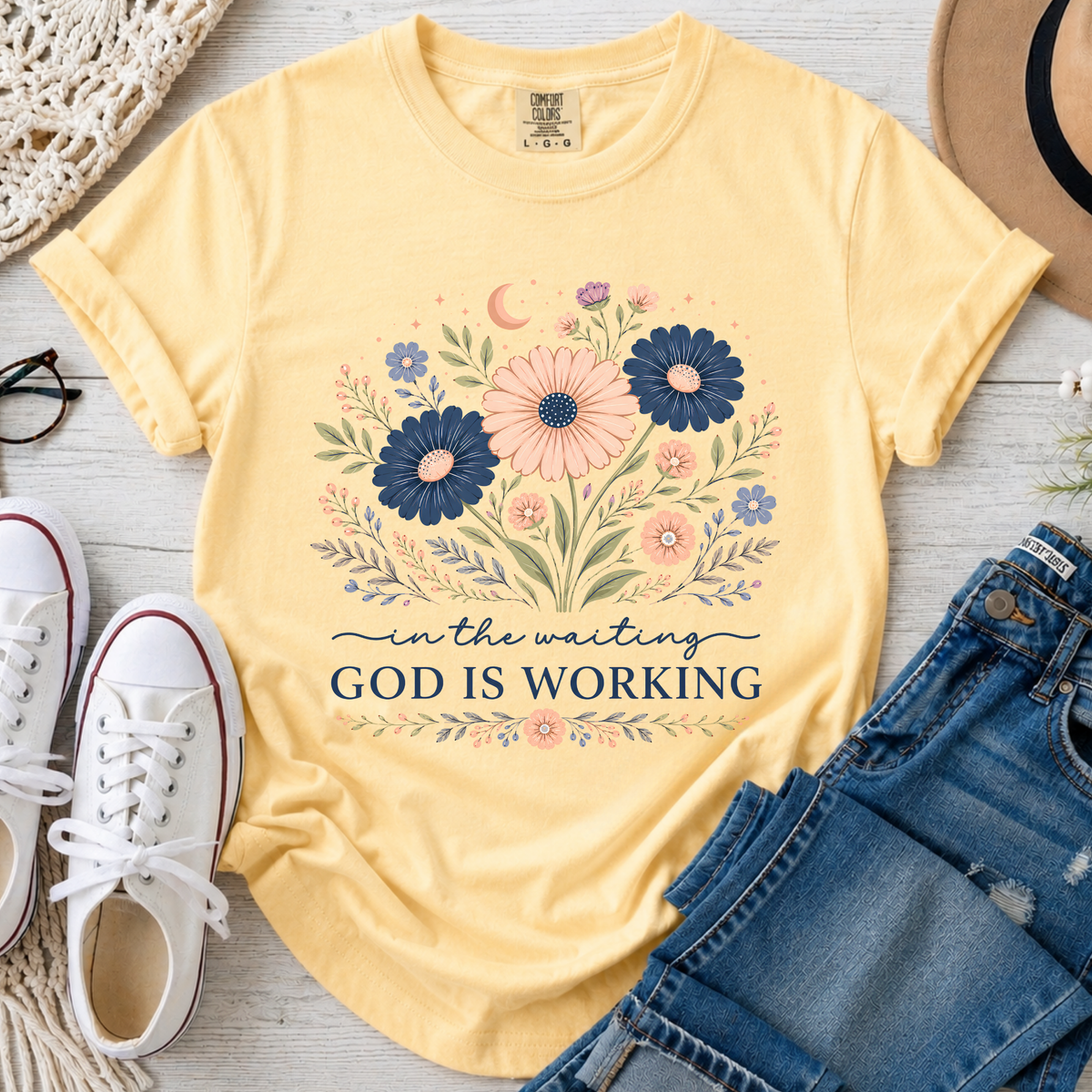 God Is Working Christian Comfort Colors T-Shirt in Butter