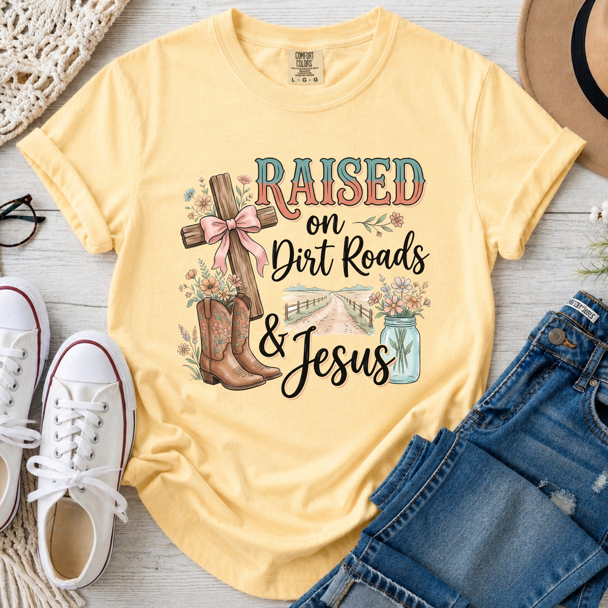 Raised on Dirt Roads & Jesus Christian Comfort Colors T-Shirt in Butter
