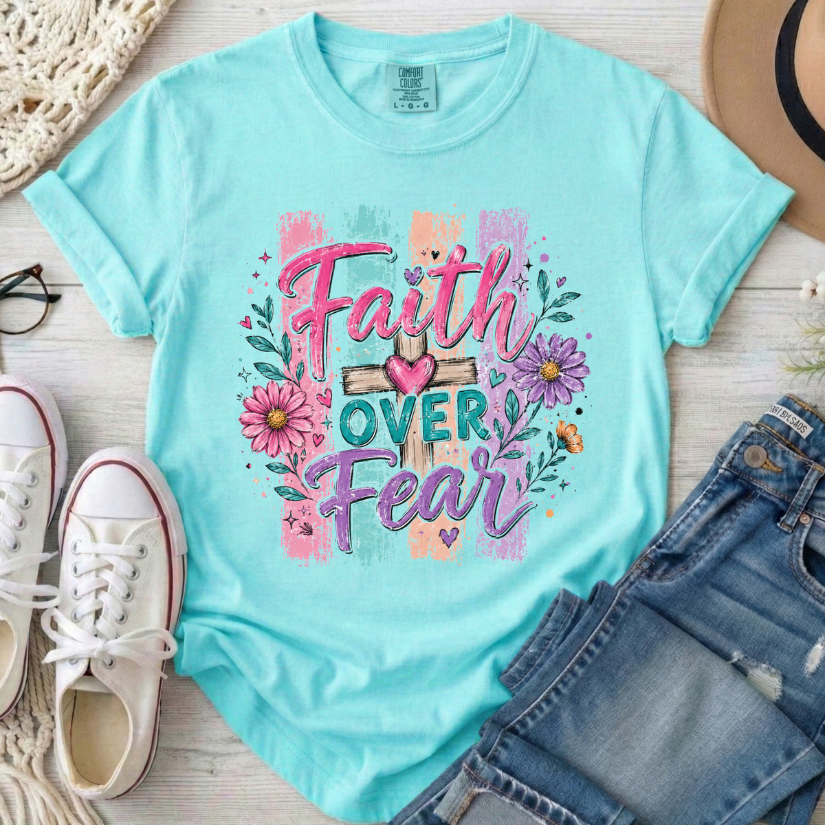 Faith Over Fear Christian Comfort Colors T-Shirt in Chalky Mint