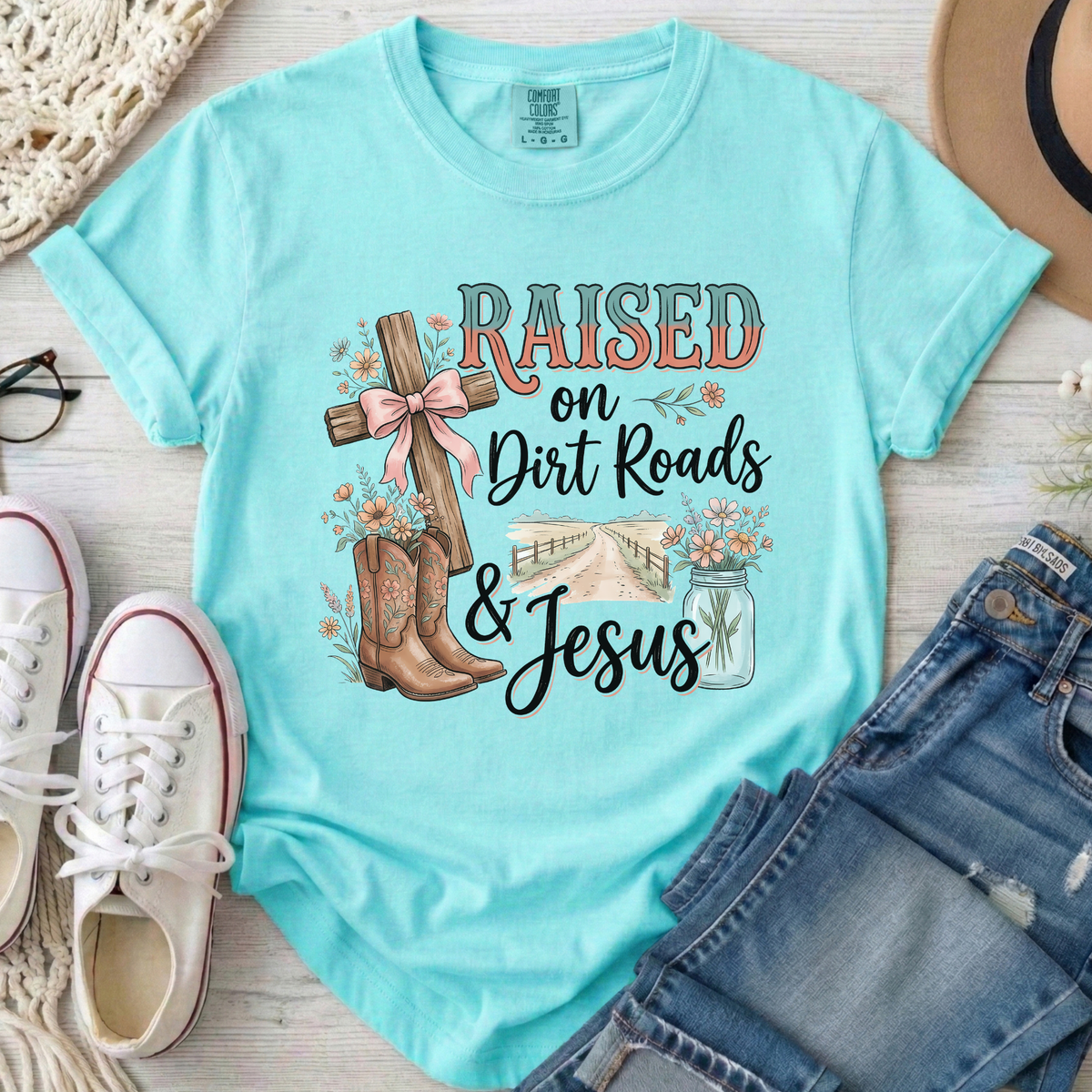 Raised on Dirt Roads & Jesus Christian Comfort Colors T-Shirt in Chalky Mint