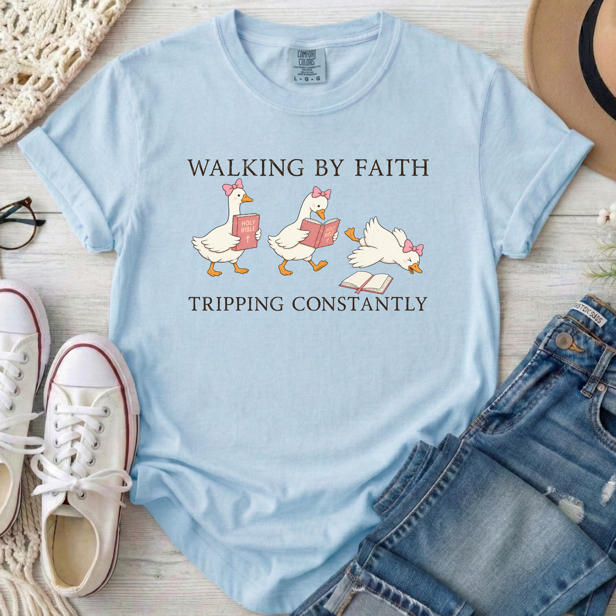 Walking By Faith Christian Comfort Colors T-Shirt in Chambray