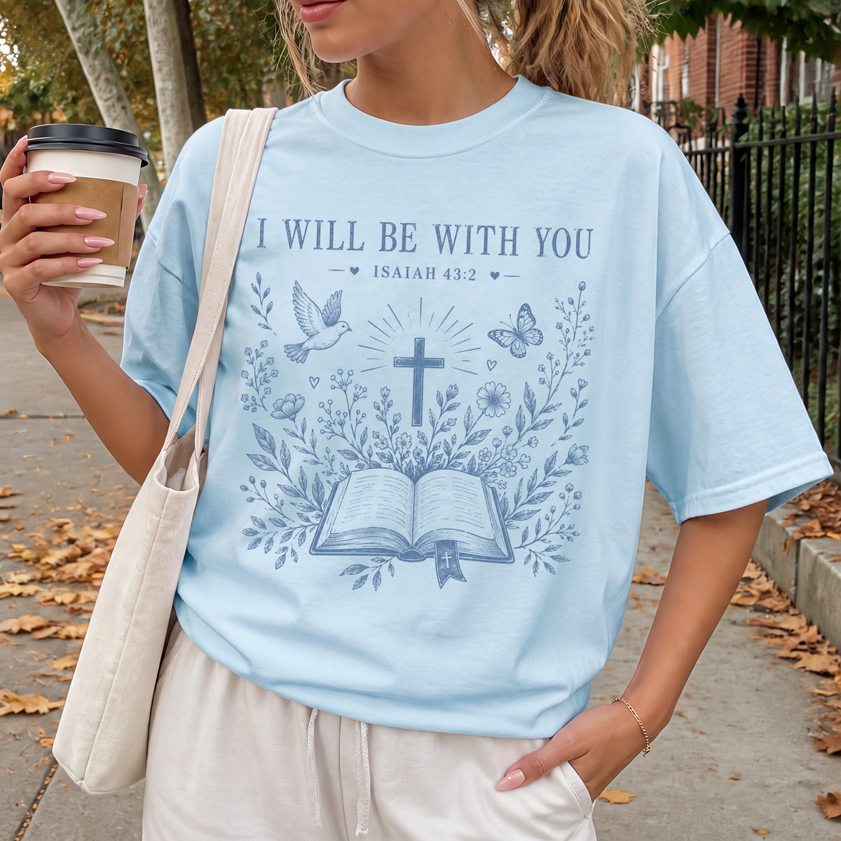 Woman wearing I Will Be With You Christian Comfort Colors T-Shirt in Chambray