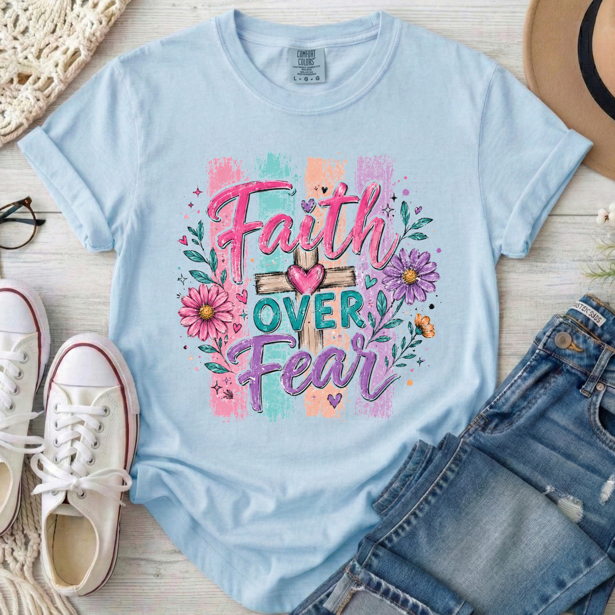 Faith Over Fear Christian Comfort Colors T-Shirt in Chambray