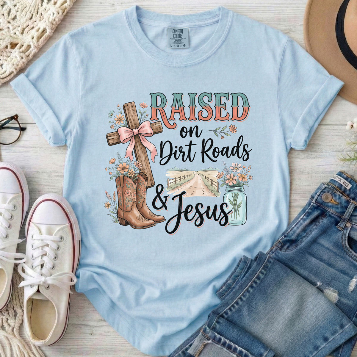 Raised on Dirt Roads & Jesus Christian Comfort Colors T-Shirt in Chambray