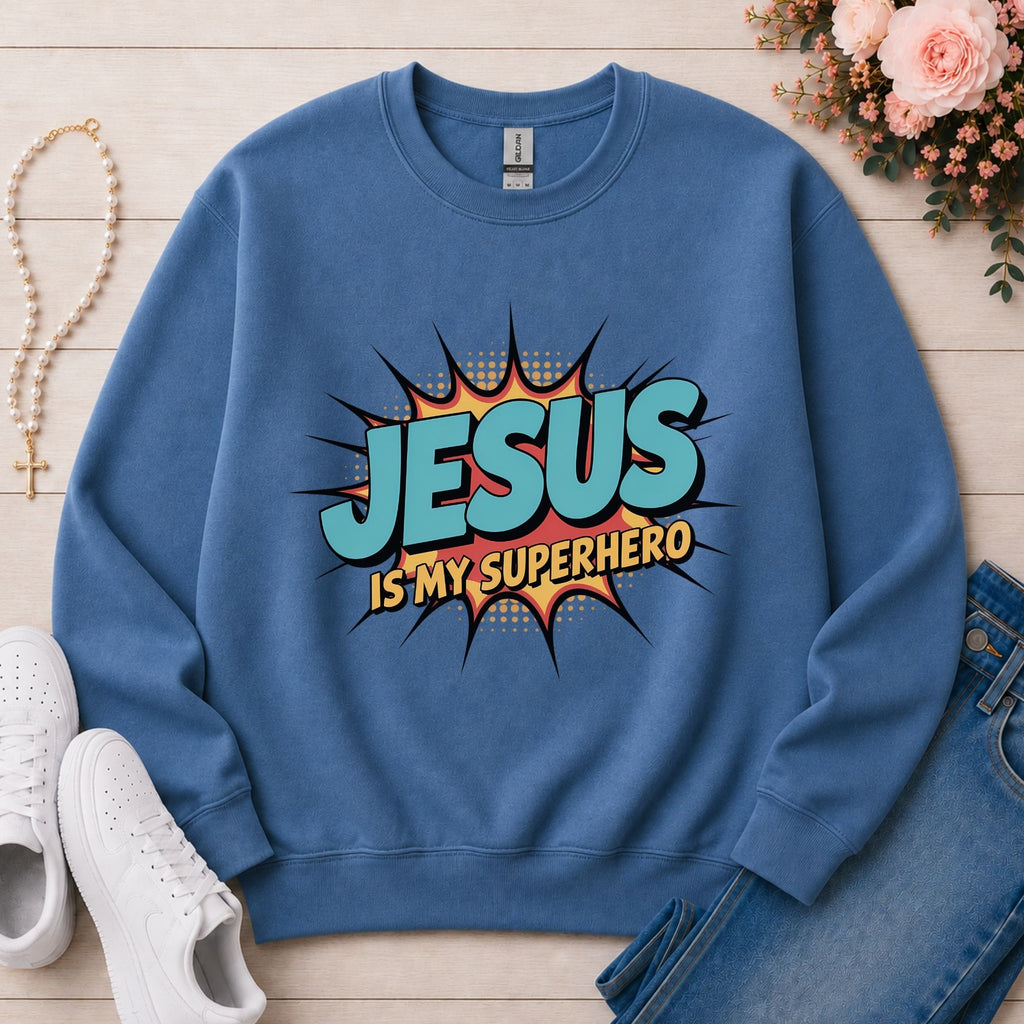 Jesus Is My Superhero Christian sweatshirt in Indigo Blue