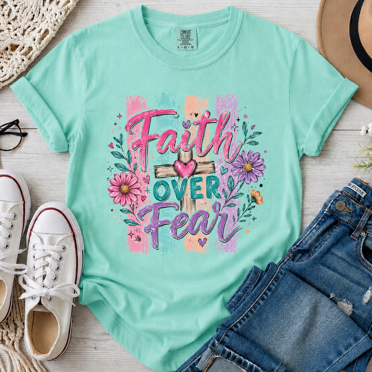 Faith Over Fear Christian Comfort Colors T-Shirt in Island Reef