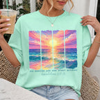 Woman wearing His Mercies Are New Every Morning Christian Comfort Colors T-Shirt in Island Reef