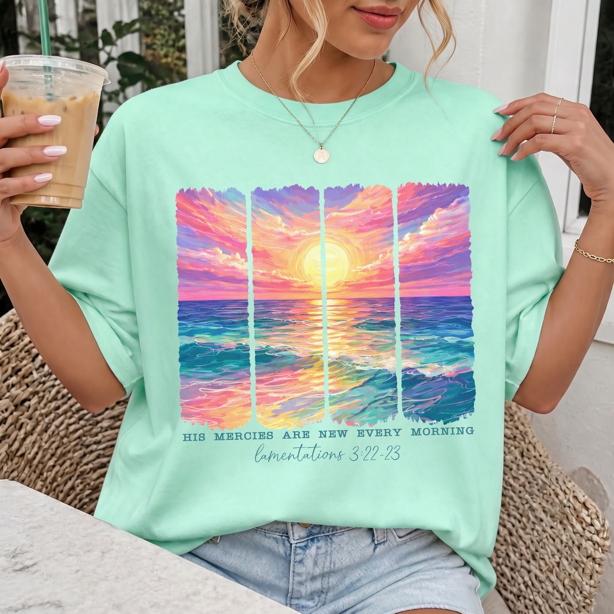 Woman wearing His Mercies Are New Every Morning Christian Comfort Colors T-Shirt in Island Reef