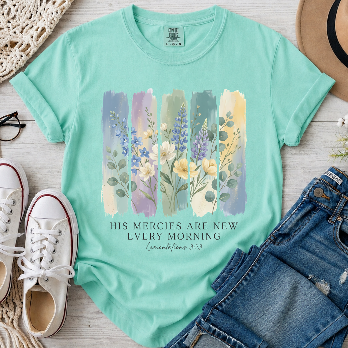 His Mercies Are New Every Morning Christian Comfort Colors T-Shirt in Island Reef