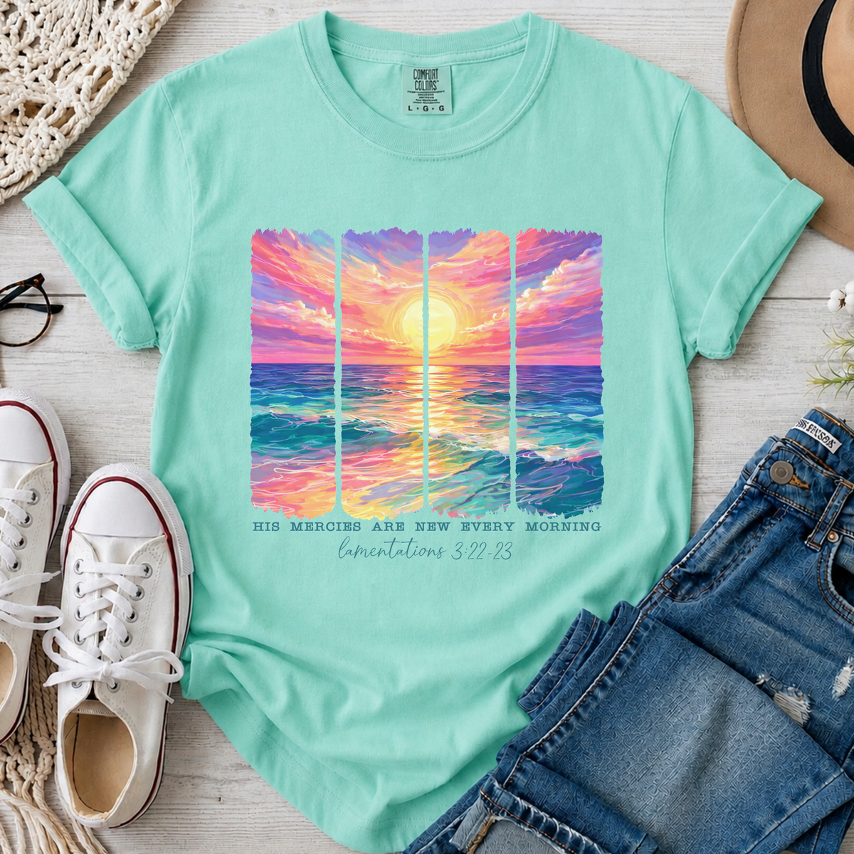 His Mercies Are New Every Morning Christian Comfort Colors T-Shirt in Island Reef