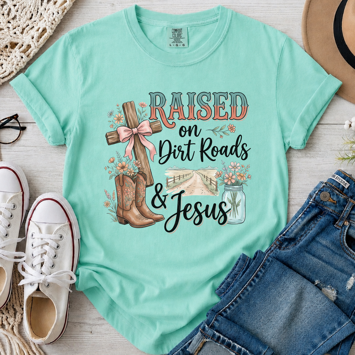 Raised on Dirt Roads & Jesus Christian Comfort Colors T-Shirt in Island Reef