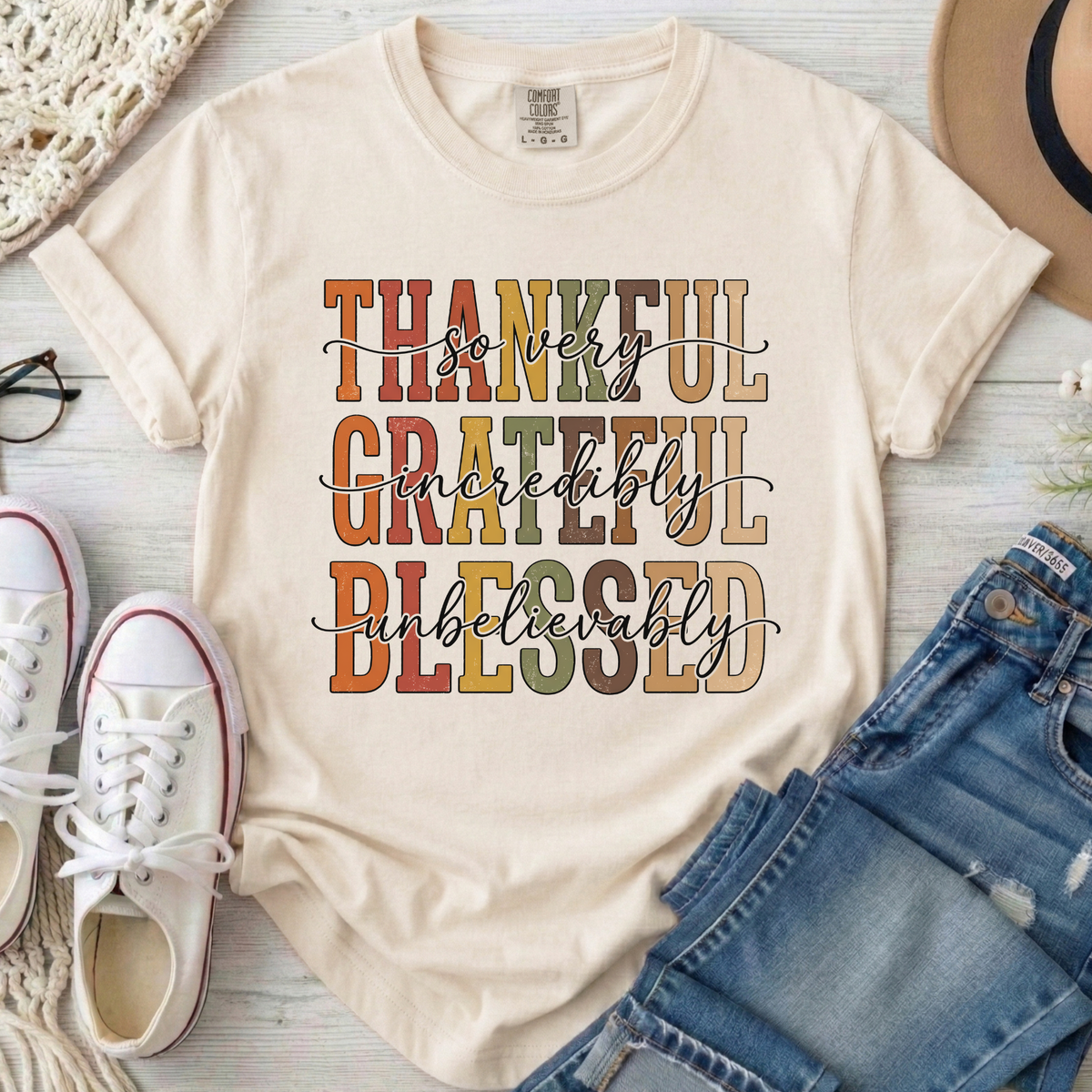 Thankful Grateful Blessed Christian Comfort Colors T-Shirt in Ivory