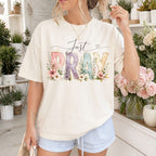 Woman wearing Just Pray Christian Comfort Colors T-Shirt in Ivory