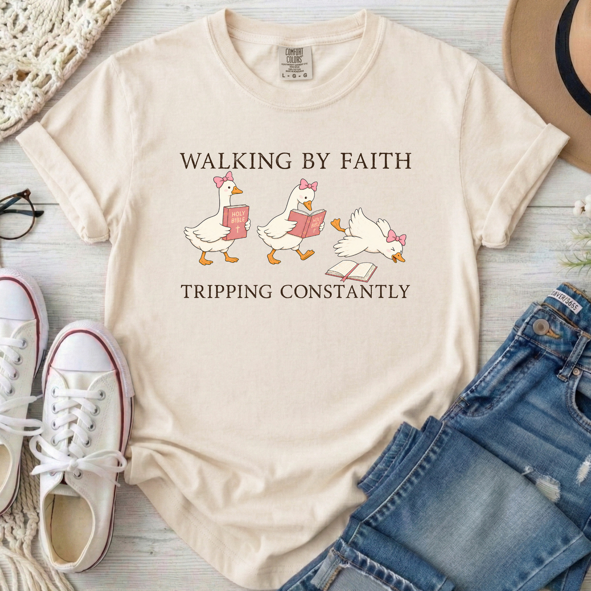 Walking By Faith Christian Comfort Colors T-Shirt in Ivory