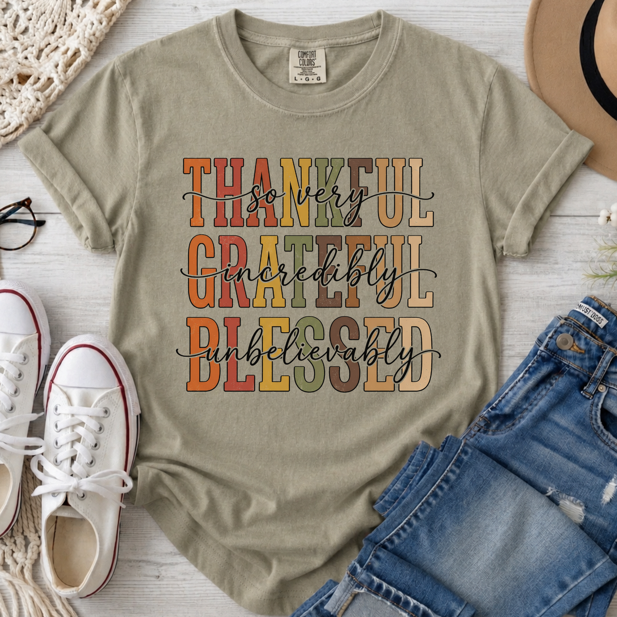 Thankful Grateful Blessed Christian Comfort Colors T-Shirt in Khaki