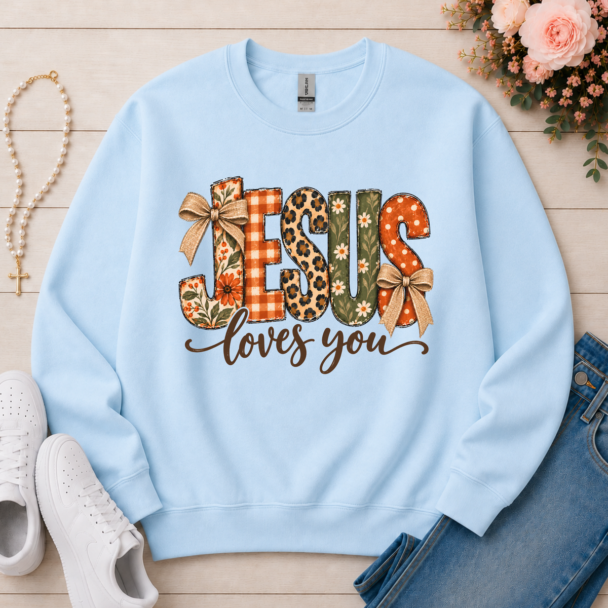 Jesus Loves You Christian Crewneck Sweatshirt in Light Blue