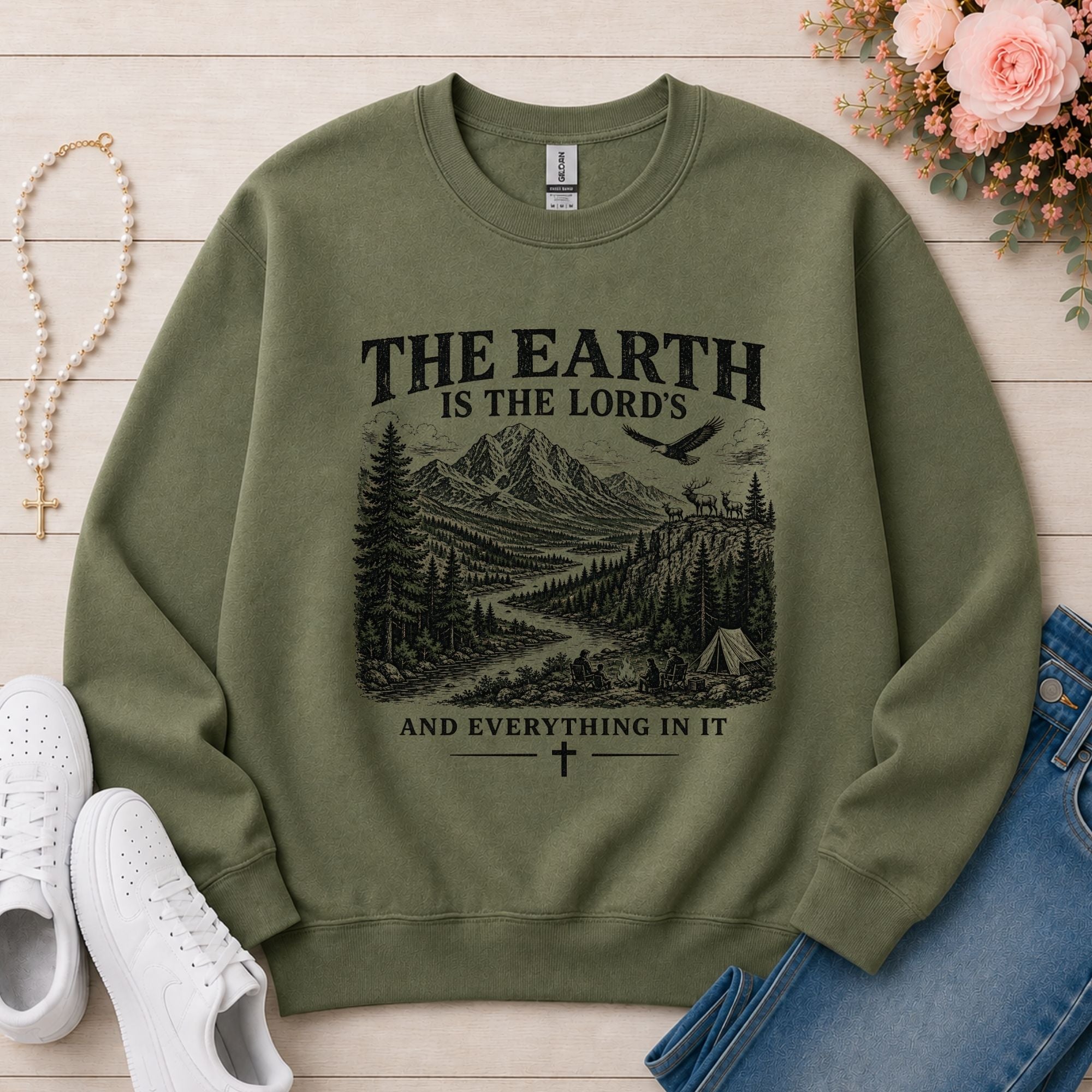 The Earth Is the Lord's Christian sweatshirt in Military Green