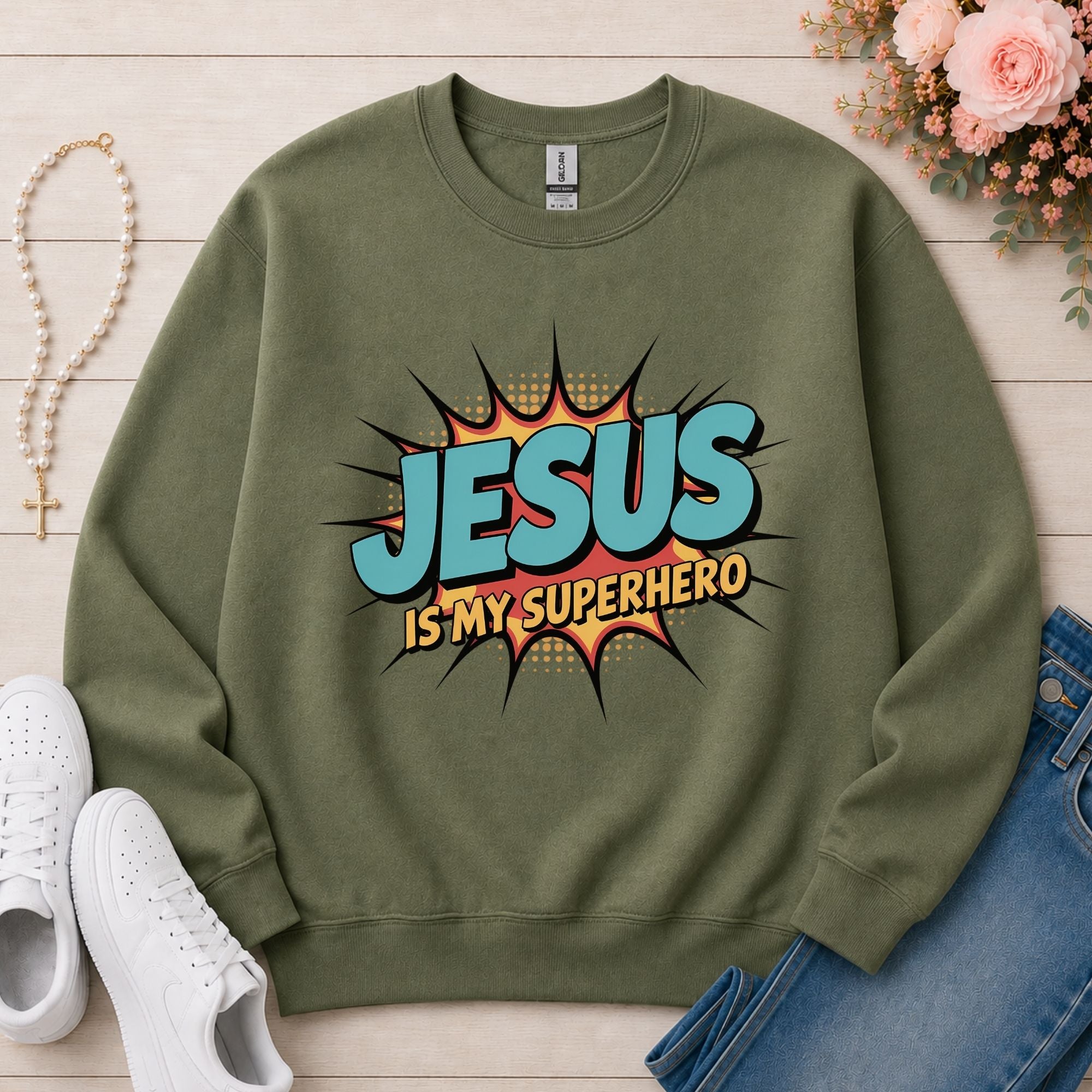 Jesus Is My Superhero Christian sweatshirt in Military Green